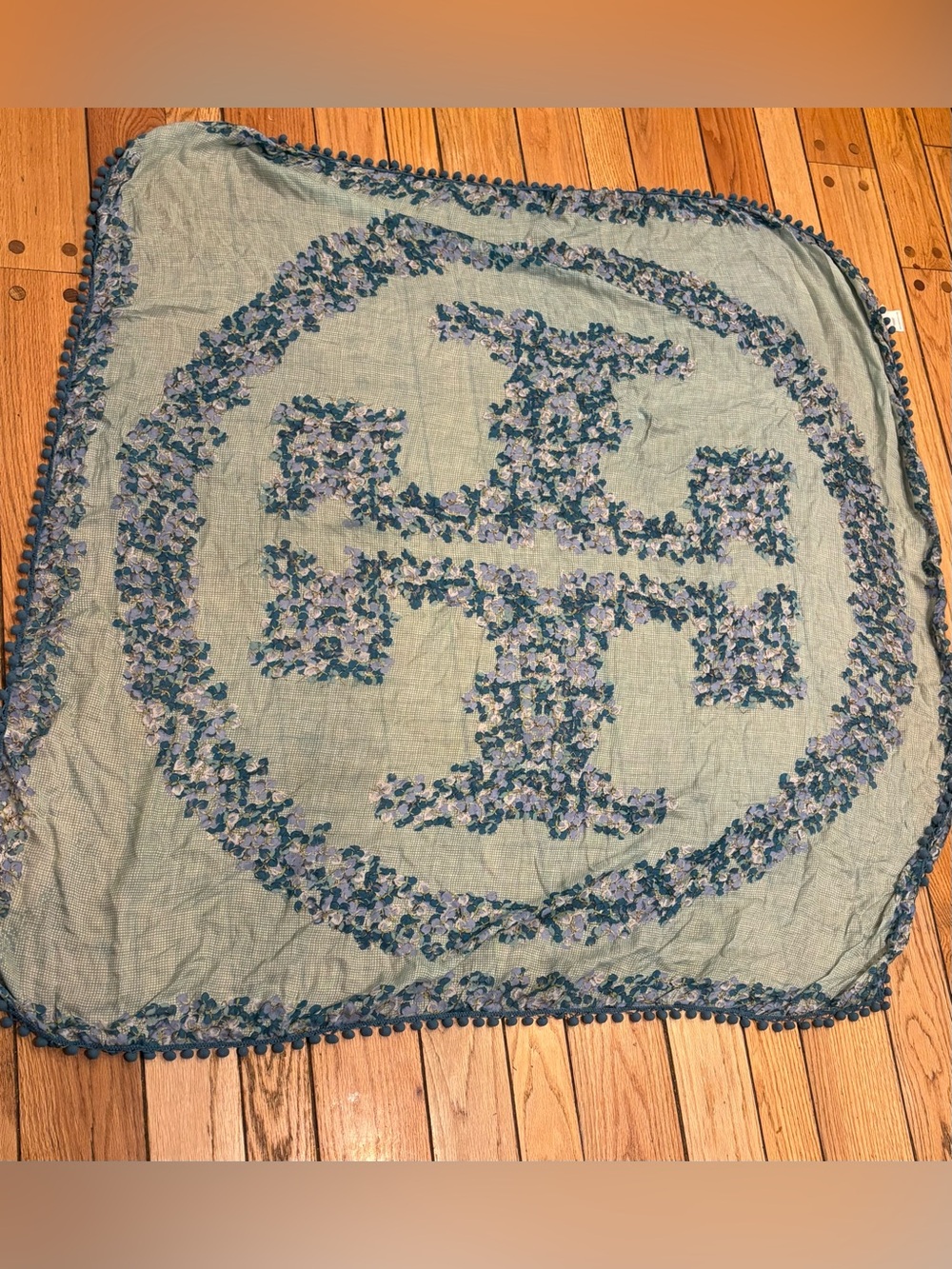 Tory Burch Blue Floral Logo large scarf wrap silk blend with Pom-Pom Trim blue